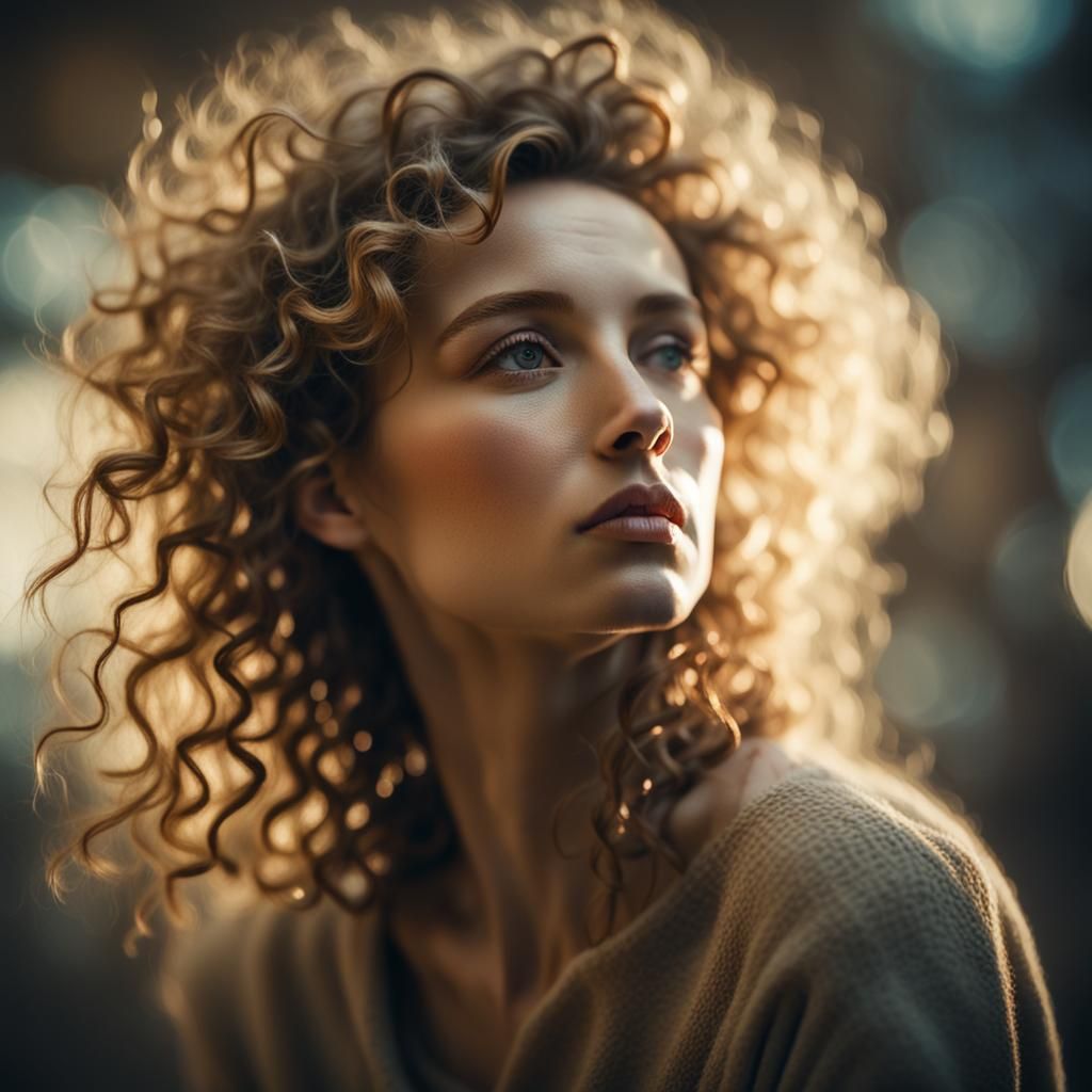 Dreamy Portrait of a Curly-Haired Woman in Impressionist Sty...