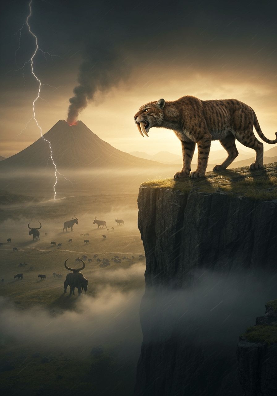 Saber-Toothed Cat Overlooks Prehistoric Valley