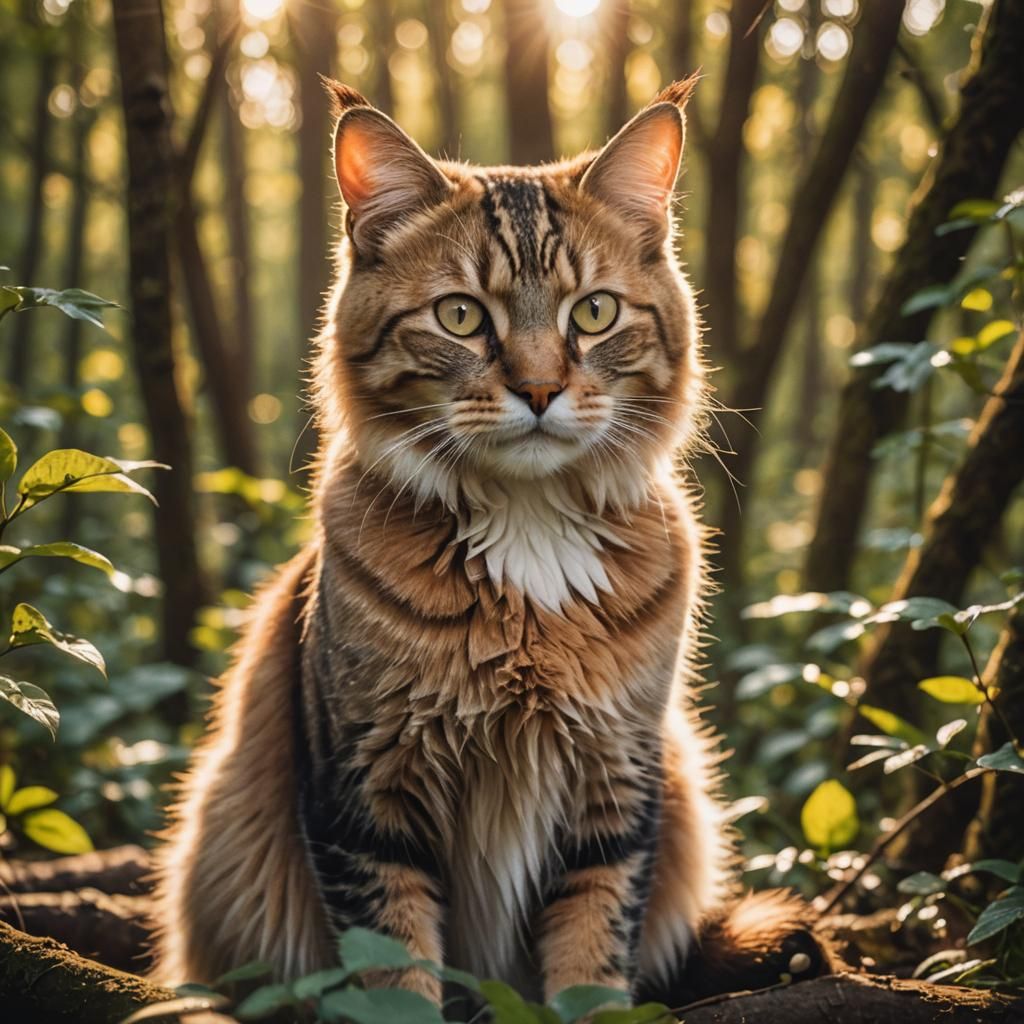 Glowing Cat Portrait in Sun-Drenched Forest