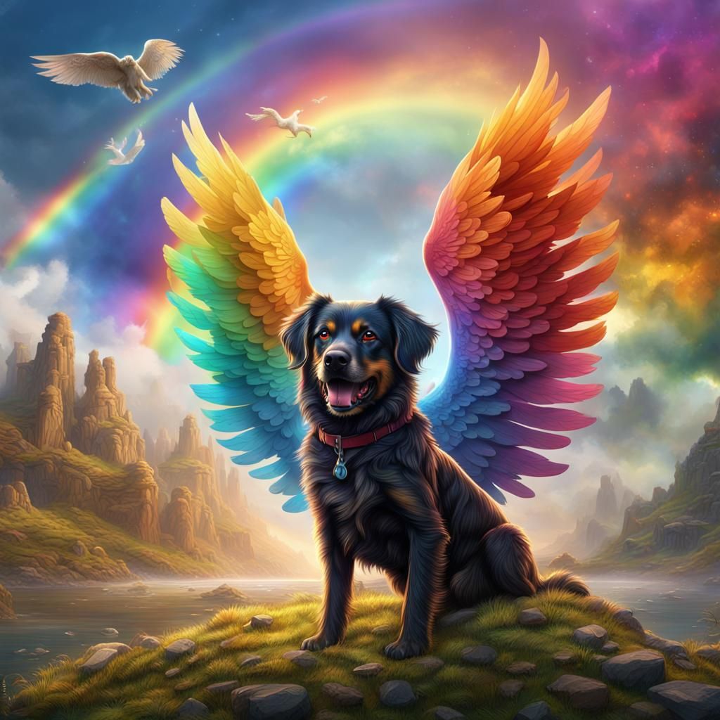 Winged Dog with Rainbow Background: Fantasy Art