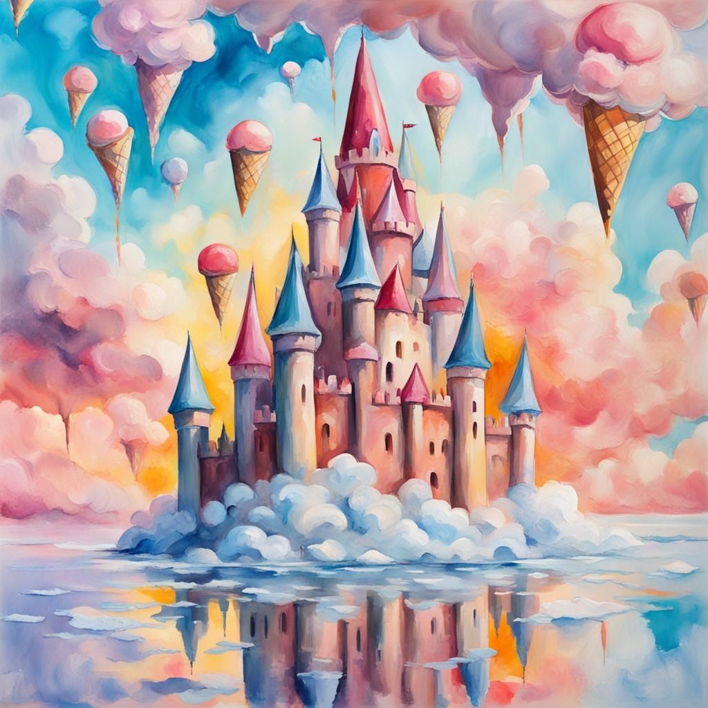 Ice Cream Castle Floats Skyward: Gouache Impressionist Art