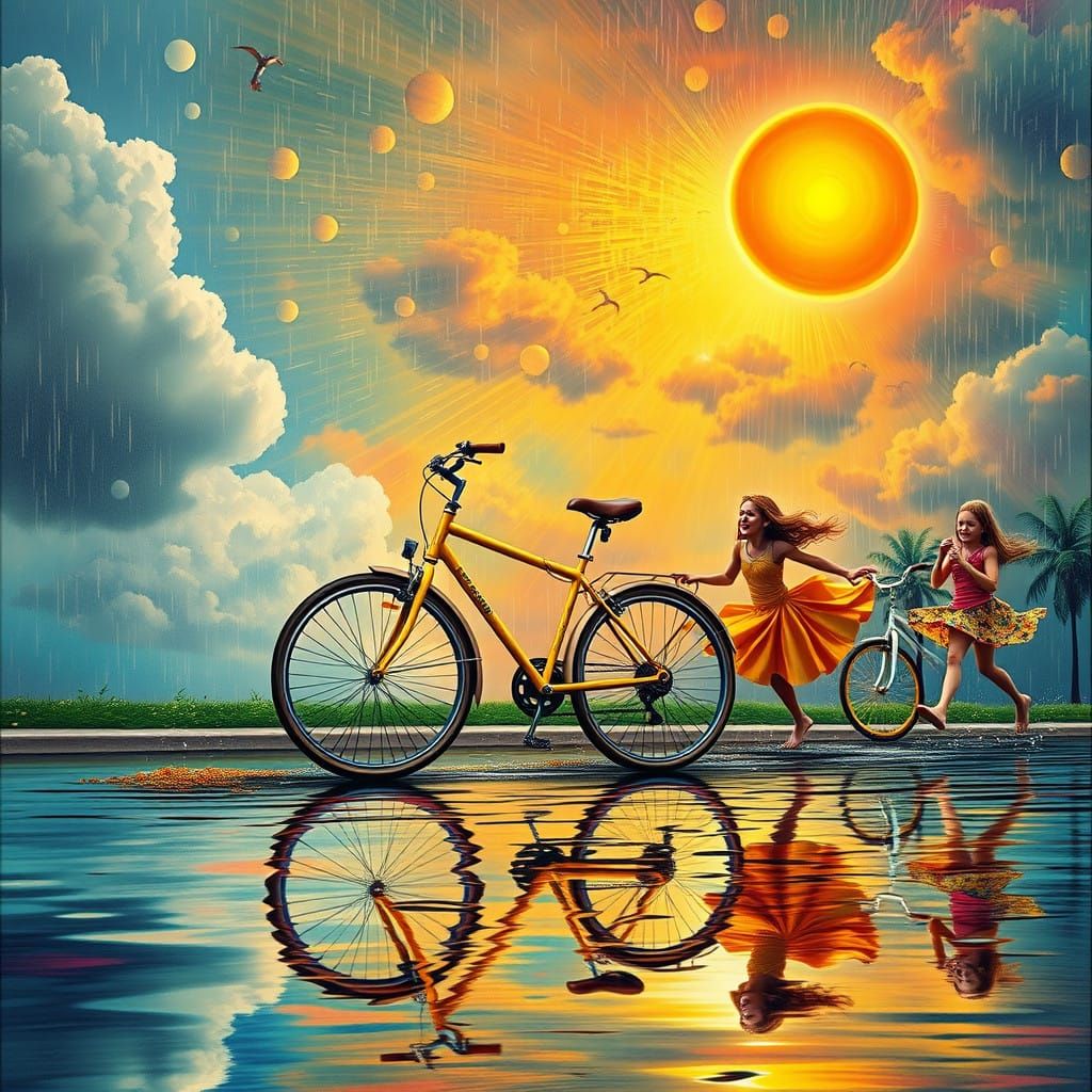 Vibrant Bicycle Chase in a Surreal Landscape