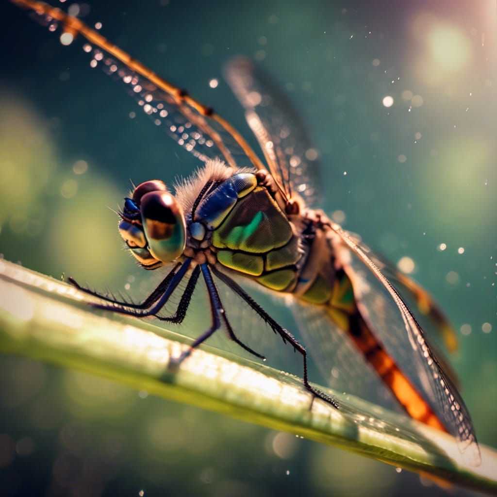 Detailed Macro Photograph of Dragonfly with Water Splash