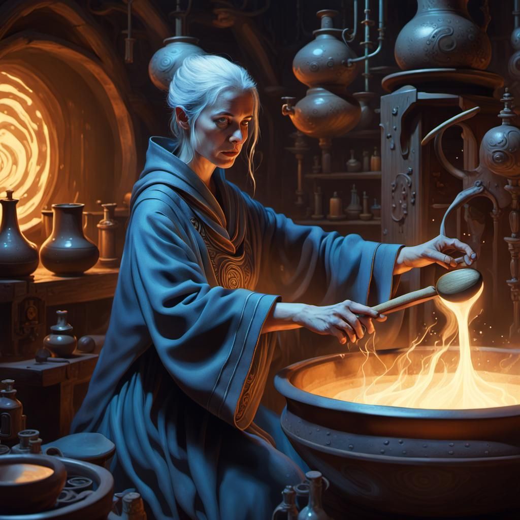 Ancient Sorceress Stirs Glowing Cauldron in an Eerie Alchemi...