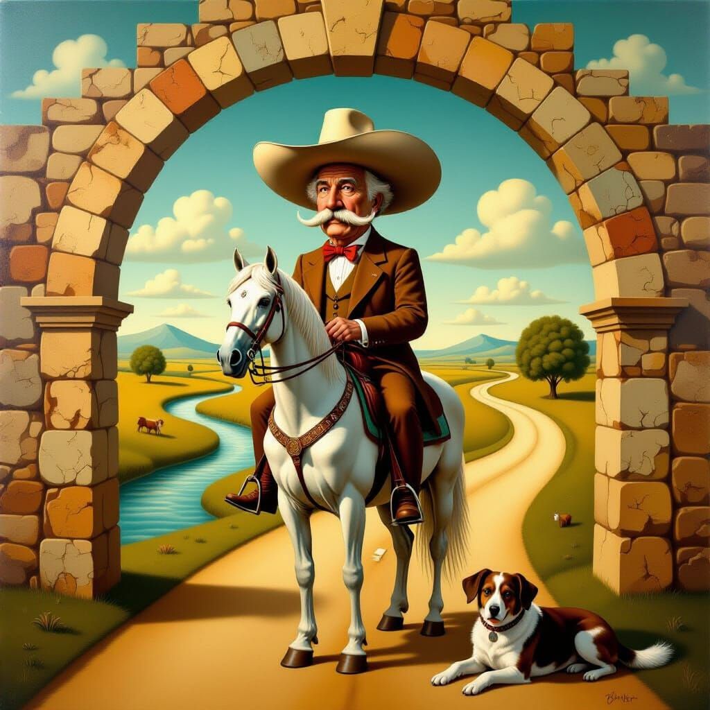 Surrealist Painting of Old Man on Horse Under Archway