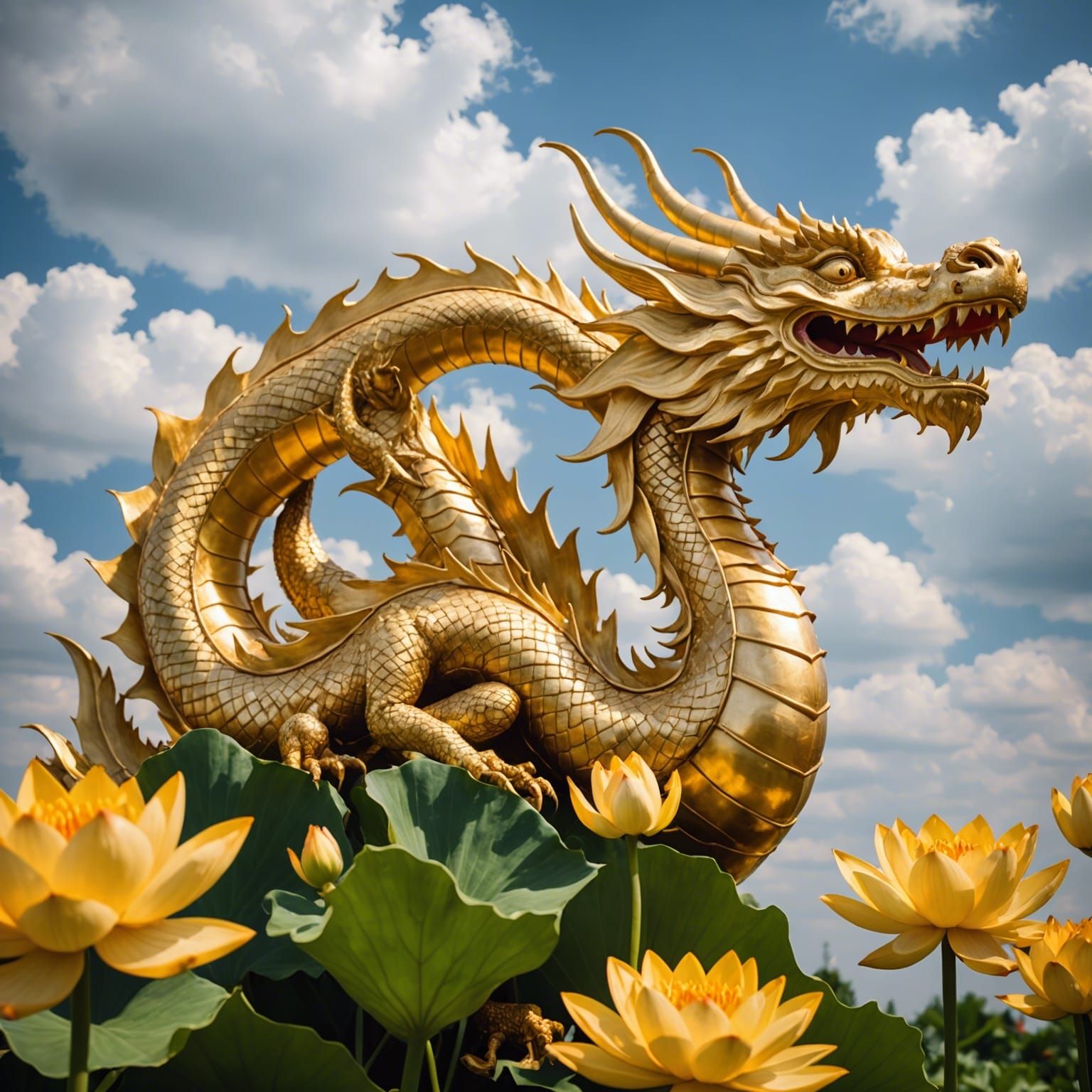Golden Dragon Embracing Lotus in Celestial Clouds