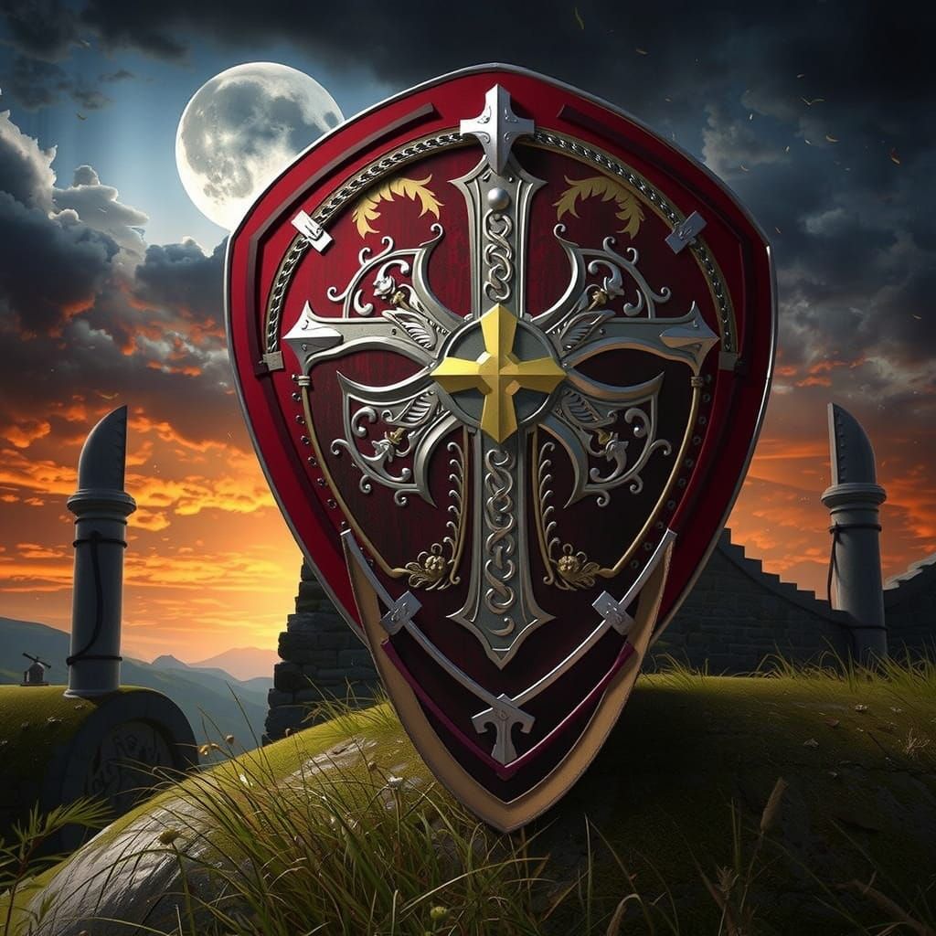 Medieval Shield in Fine Filigree with Greek Cross and Herald...