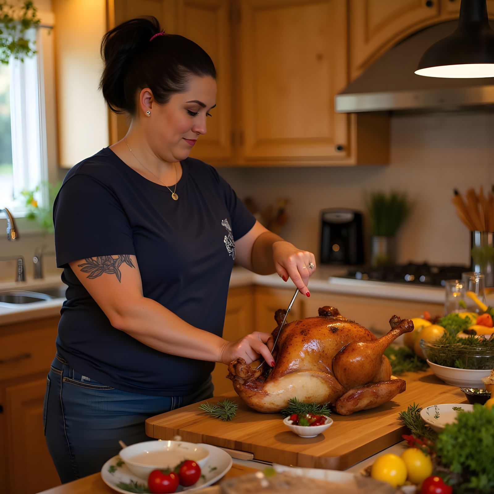 Woman Carving Turkey in Warm Kitchen