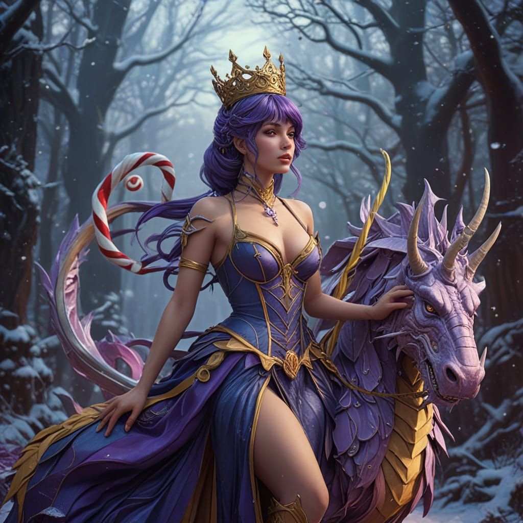 Vibrant Candy Warrior Queen Rides Dragon Through Sweet Snowy...