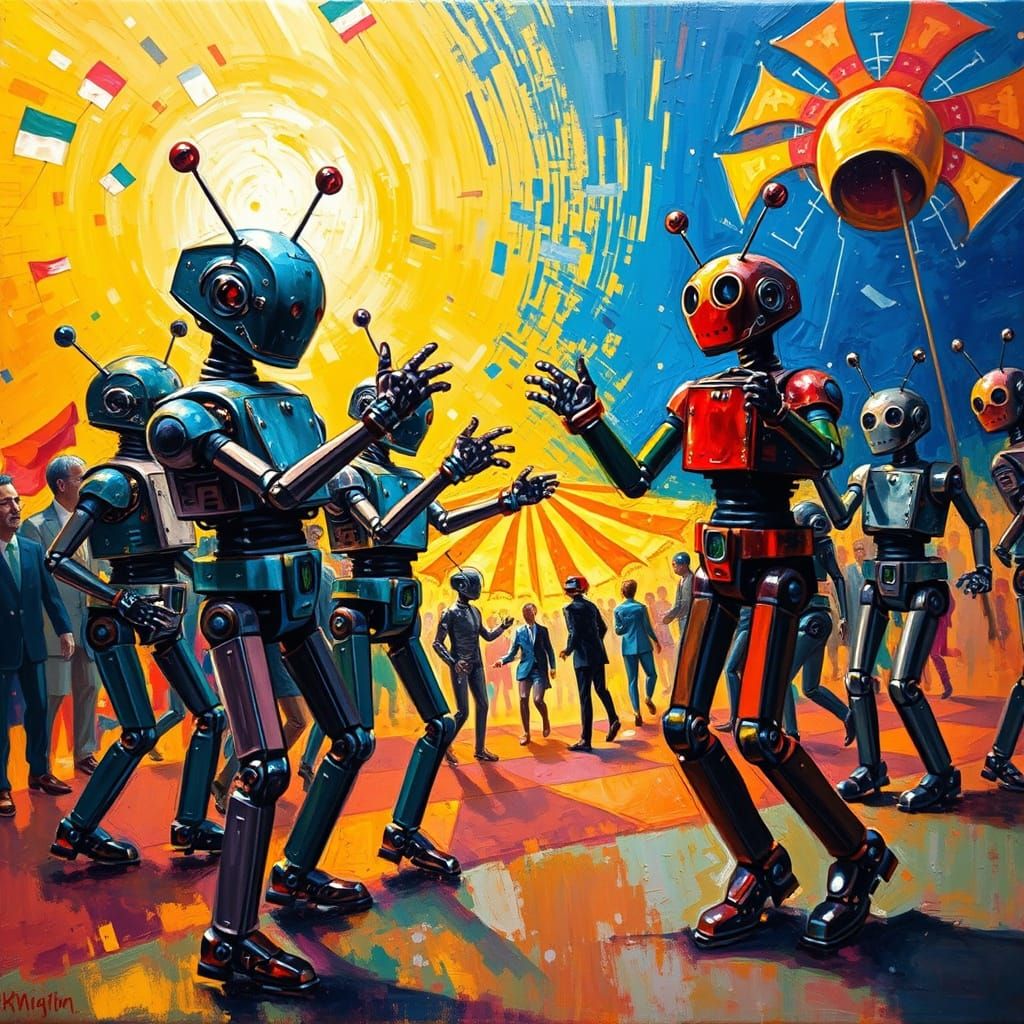 Robot Carnival in Neo-Expressionist Impasto Style