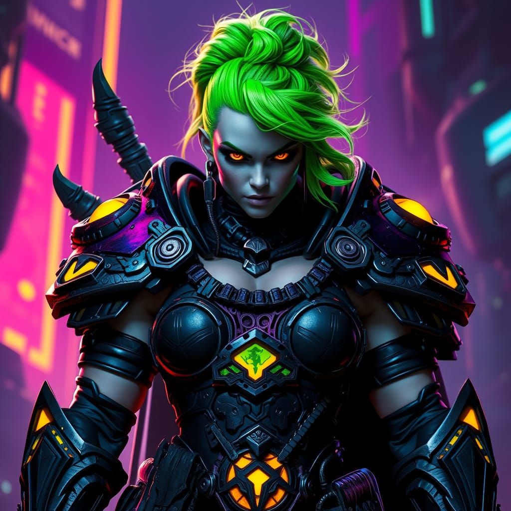 Majestic Female Ork Warrior in Gritty Sci-Fi Power Armor