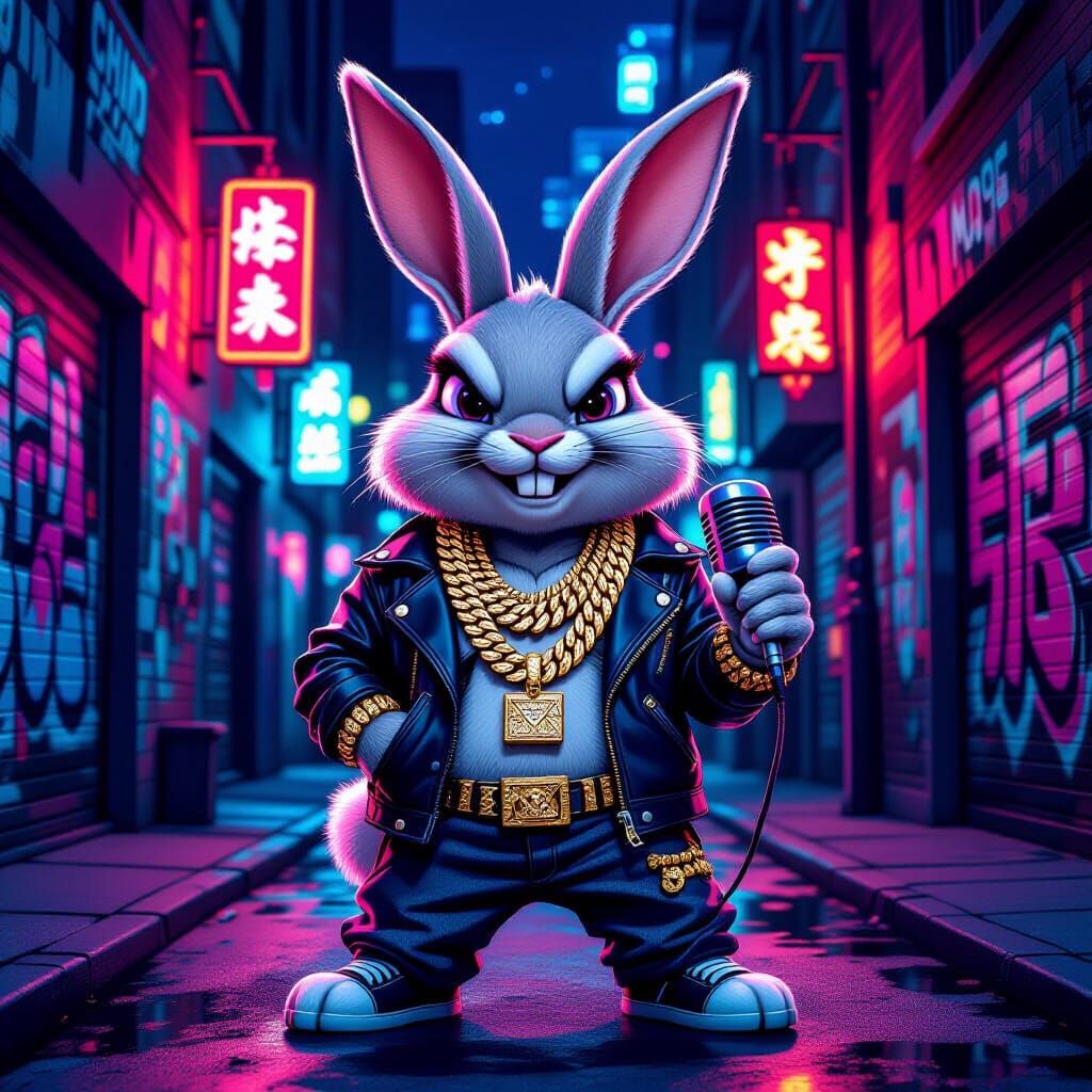 Gangster Rapper Rabbit with Gold Chains and Mic