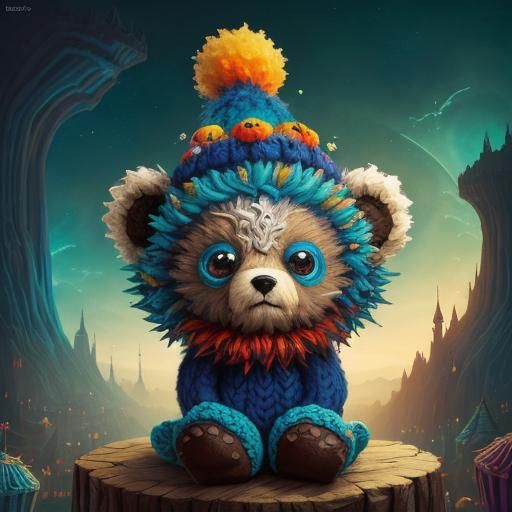 Chibi Teddy Bear with Colorful Hat in Whimsical Style