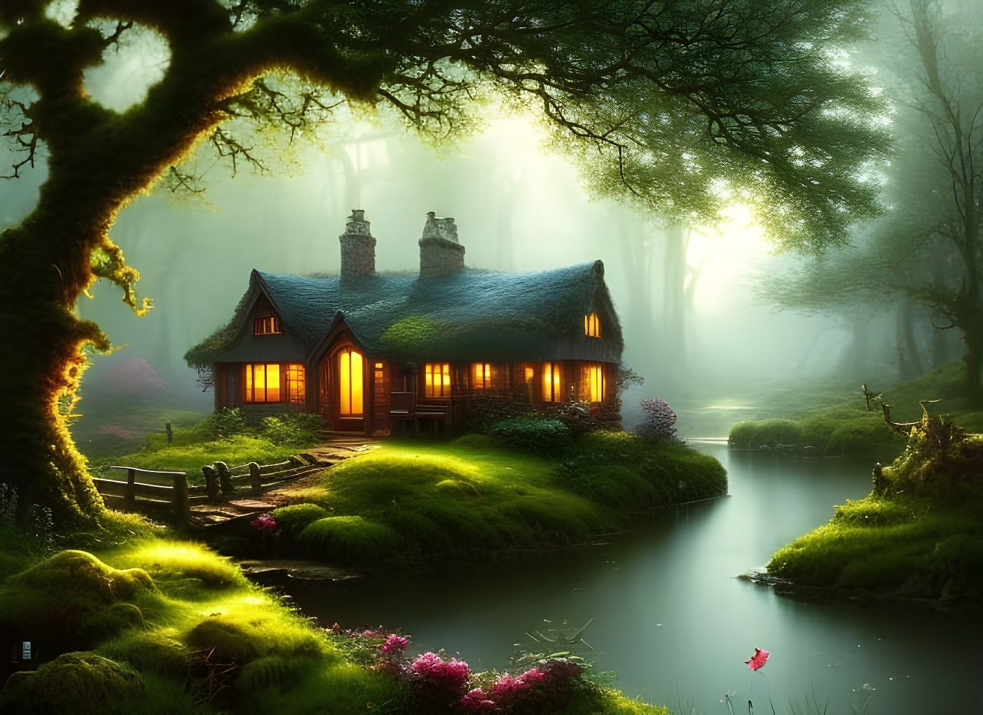 Cozy Cottage in Forest Meadow: Watercolor Splash Art