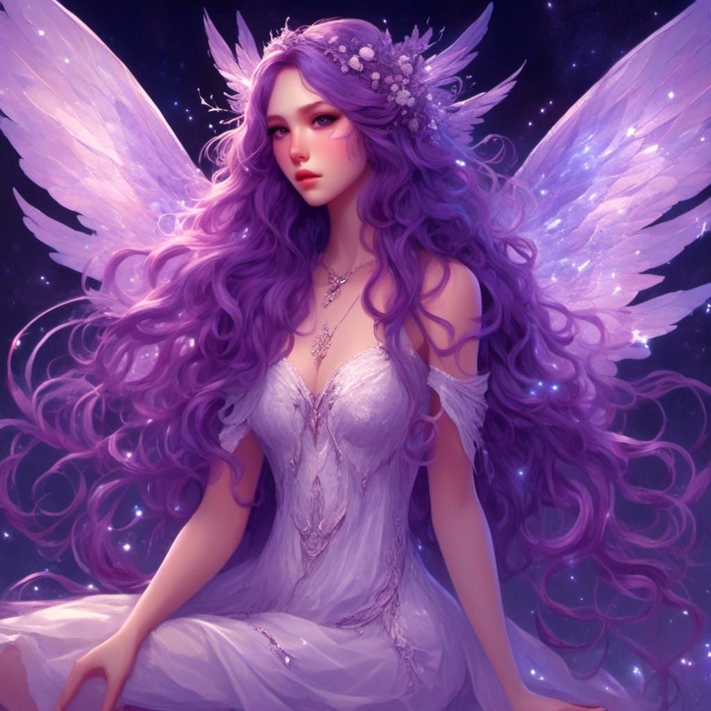 Purple Haired Fairy with Wings and White Dress