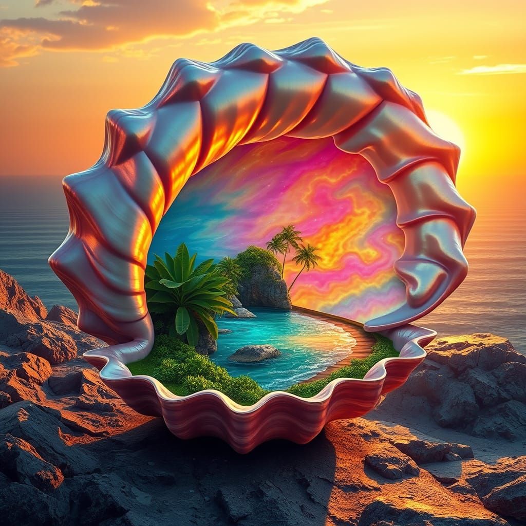 Ethereal Seashell Oasis Unfolds at Sunset