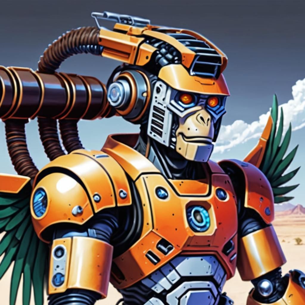 Cyborg Monkey Patrolling Desert in Anime Style