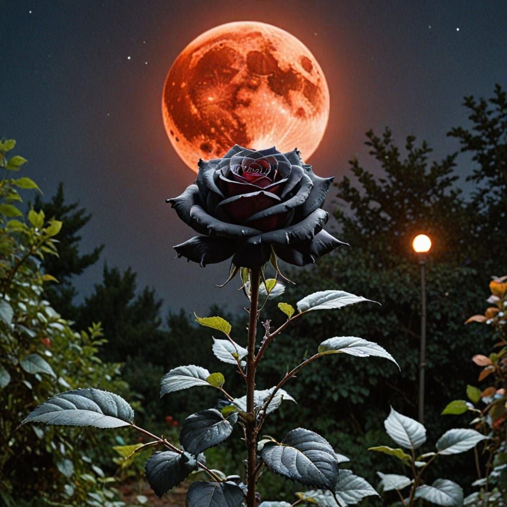 Giant Black Rose Burns in Magical Garden Under Blood Moon