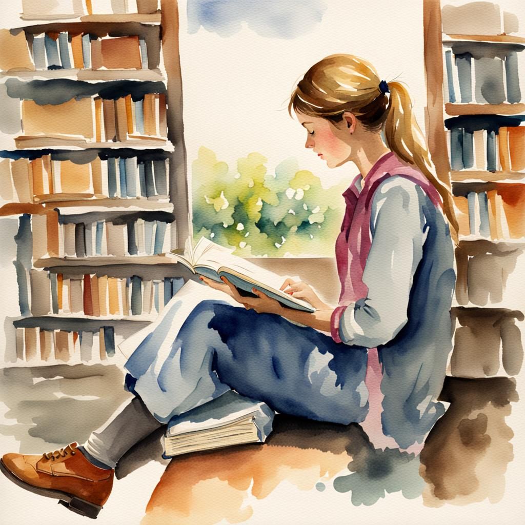 Young Girl Reading Book in Watercolor Style