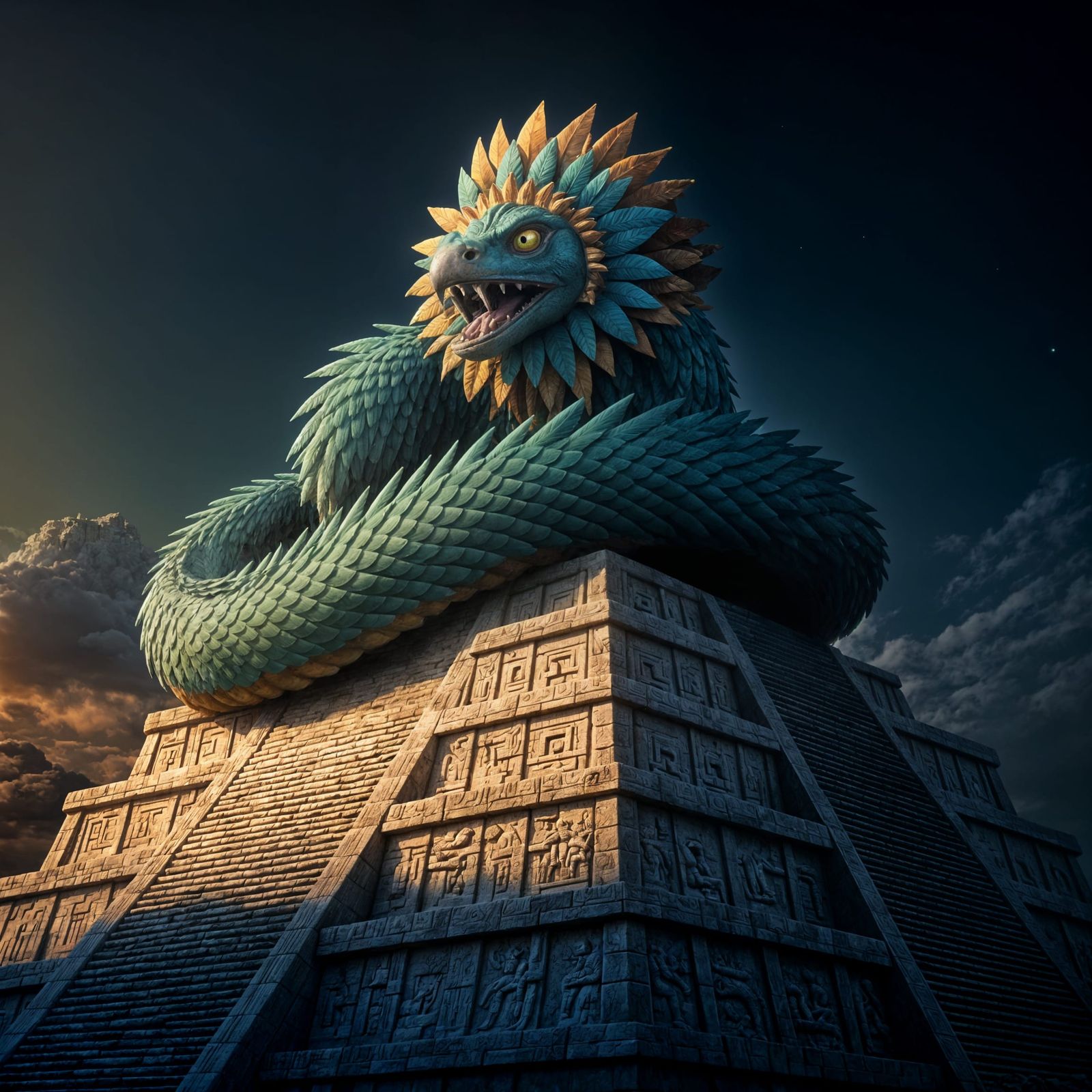 Quetzalcoatl: Feathered Serpent atop Ancient Pyramid