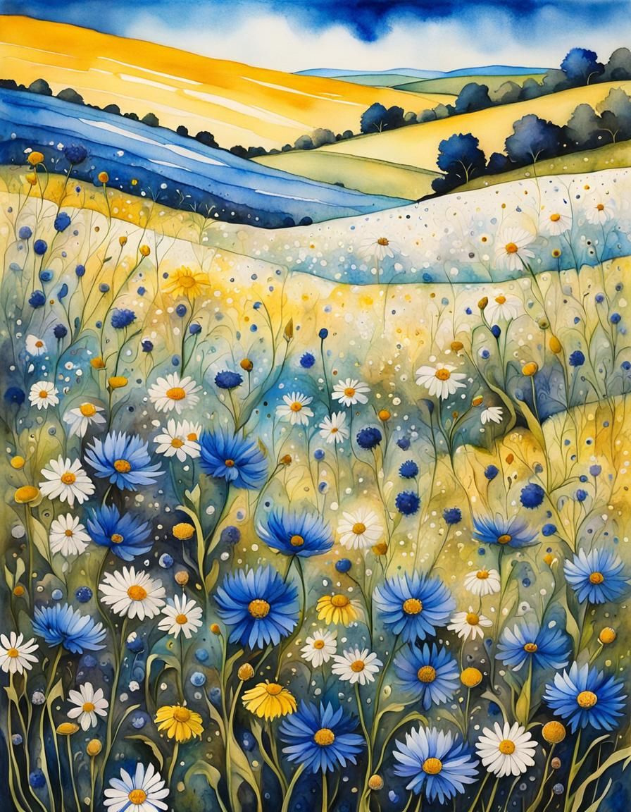 Surrealist Meadow with Blue Cornflowers as Folk Art