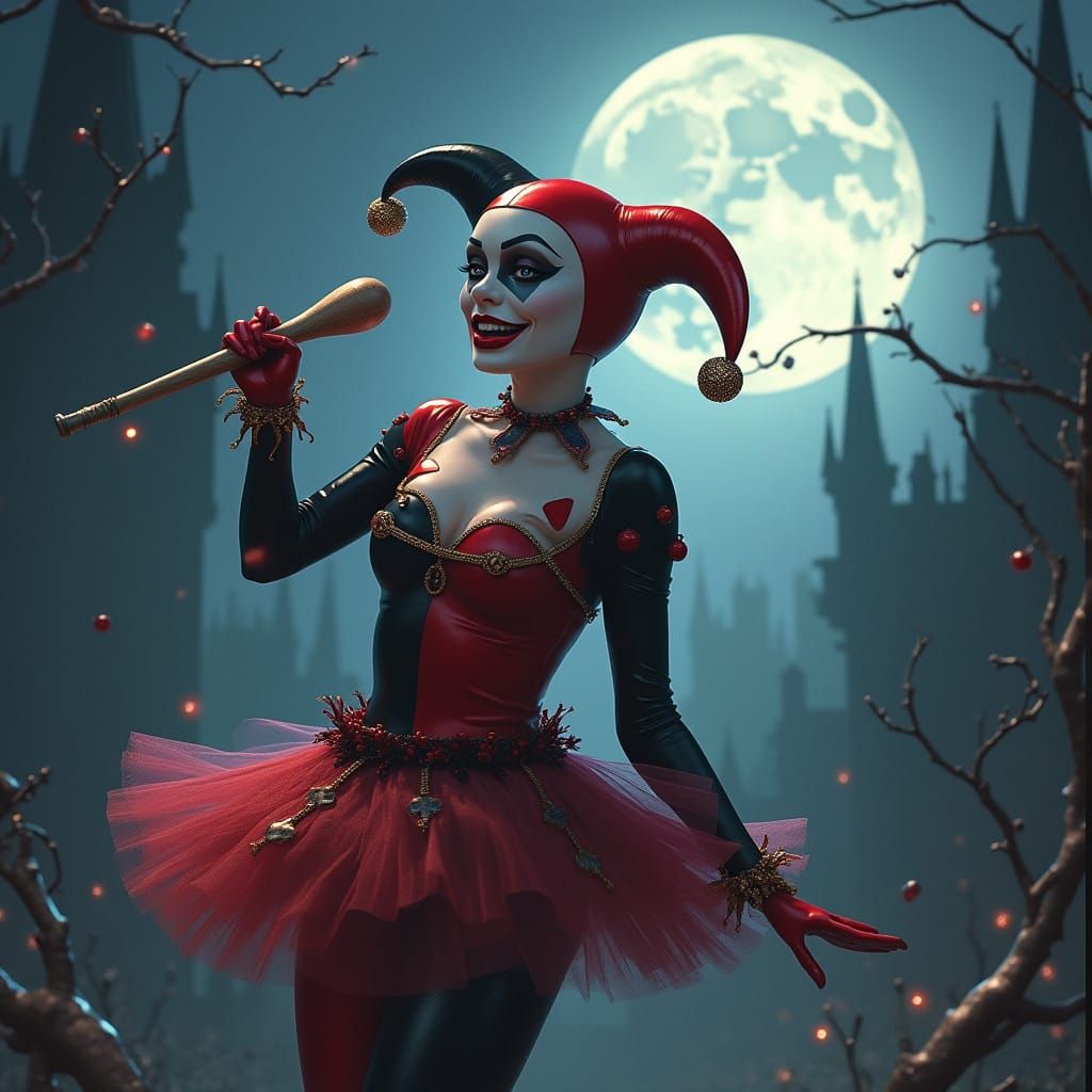 Harley Quinn in Cyberpunk Fantasy, Under the Moonlit Night S...