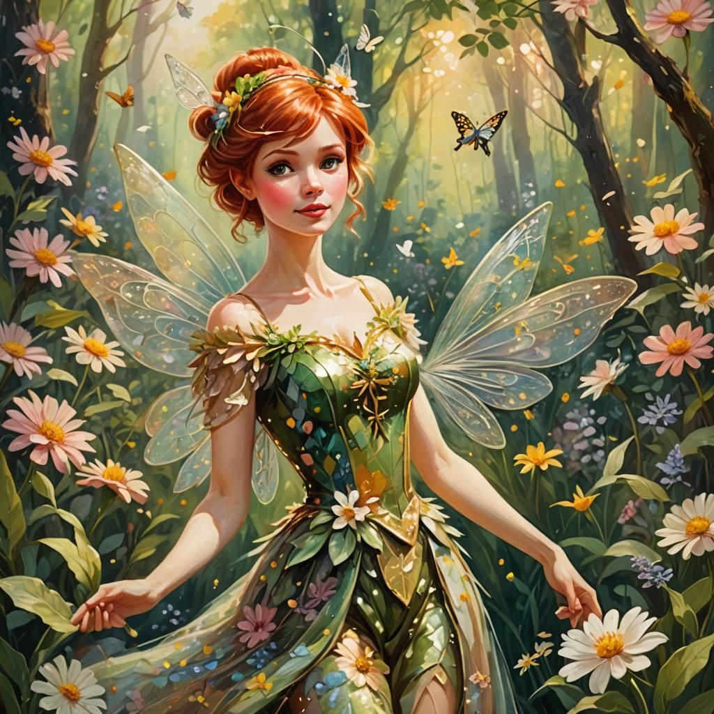 Impressionist Tinkerbell Portrait in Forest, Folk Art Style