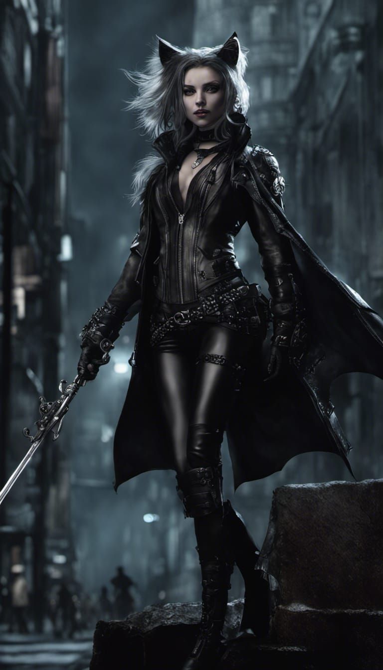 Gothic Punk Catgirl in Urban Ink Wash Streetscape