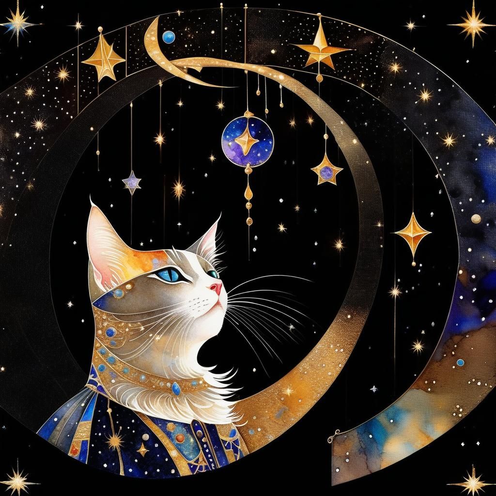Cosmic Circus Cat in Art Nouveau Style