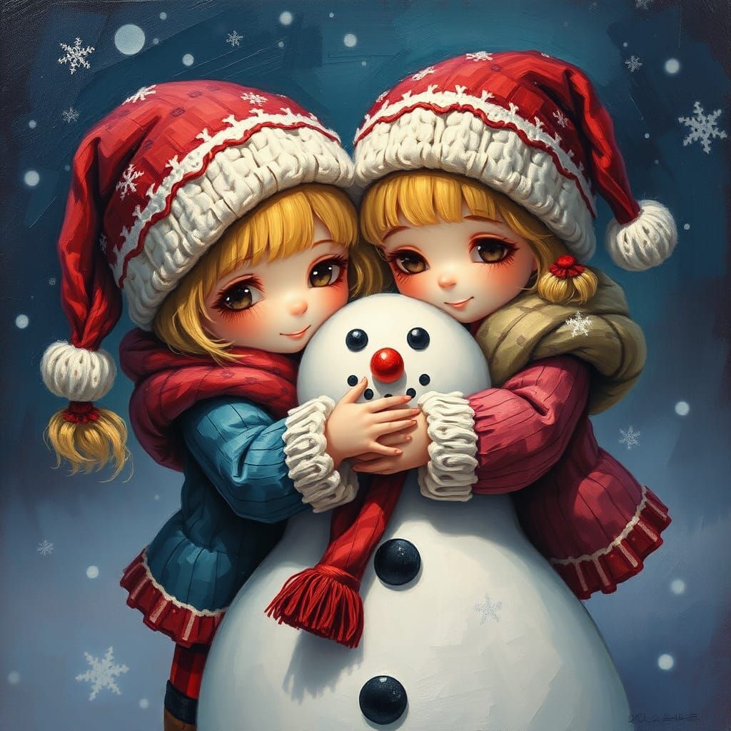 Chibi Girls Hugging Snowman in Impasto Oil Painting