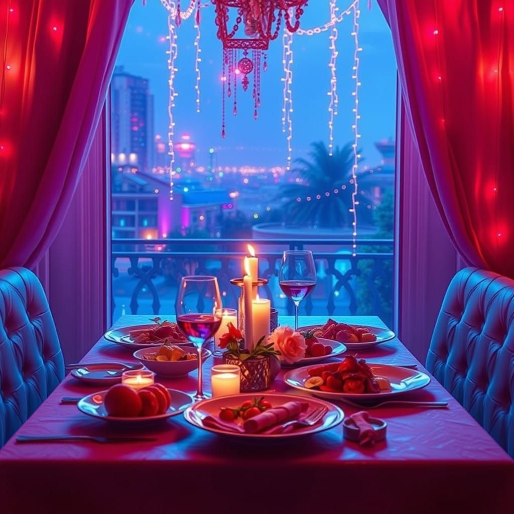 Vaporwave Glitch Holographic Dinner Scene