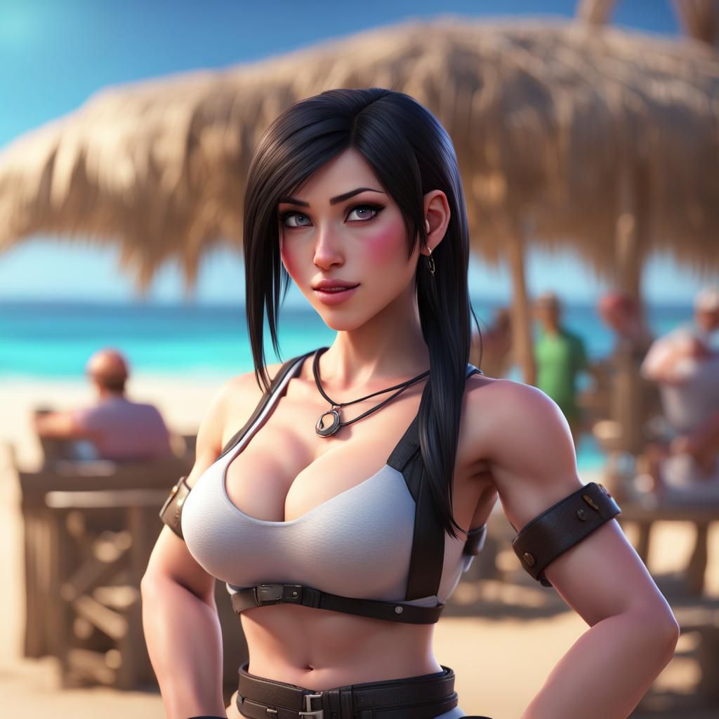 Tifa Lockhart on Beach Vacation as 3D Digital Art