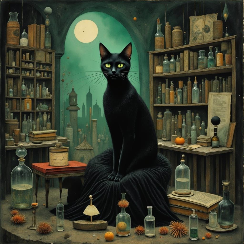 Majestic Black Cat in Dark Fantasy Alchemist Study