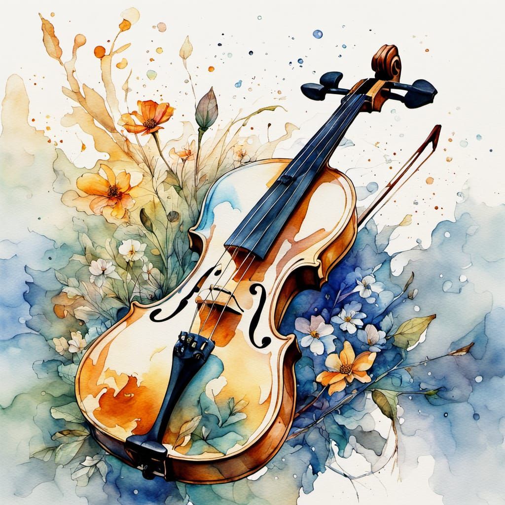 Surreal Watercolor Painting of a Flying Violin amidst Vibran...