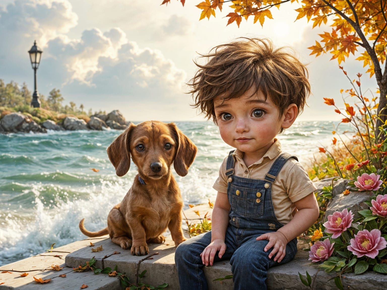 Adorable Toddler and Puppy by the Sea in Autumn