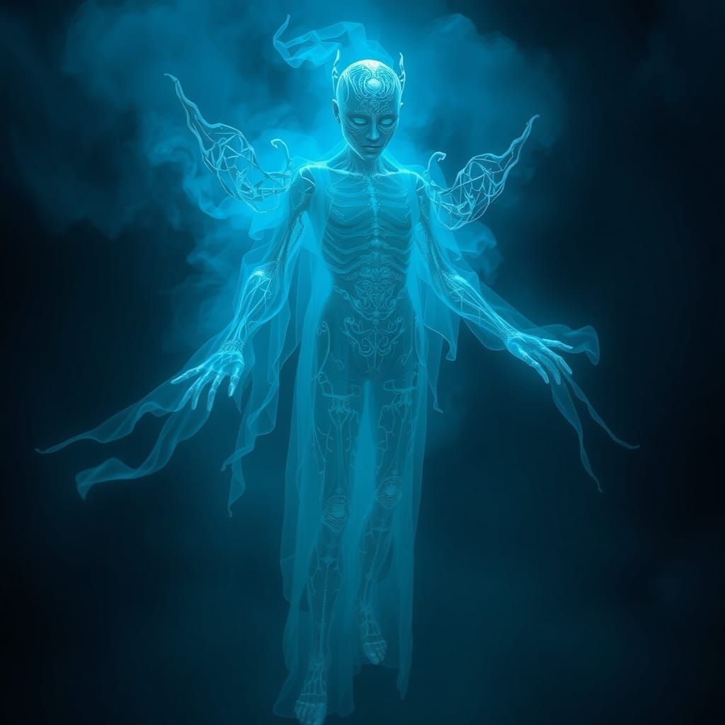 Bioluminescent Ghostly Figure in Misty Smoke