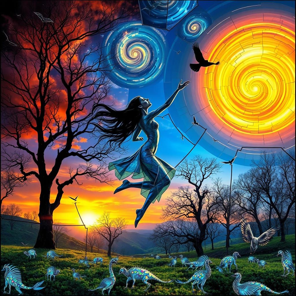 Surreal Fragmented Sculpture of Woman Dancing at Sunset