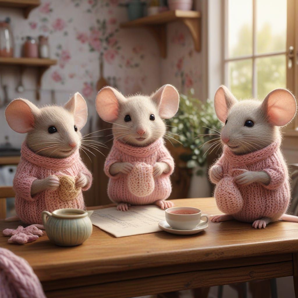 Hyper-Realistic Mice in Cozy Knitting Scene