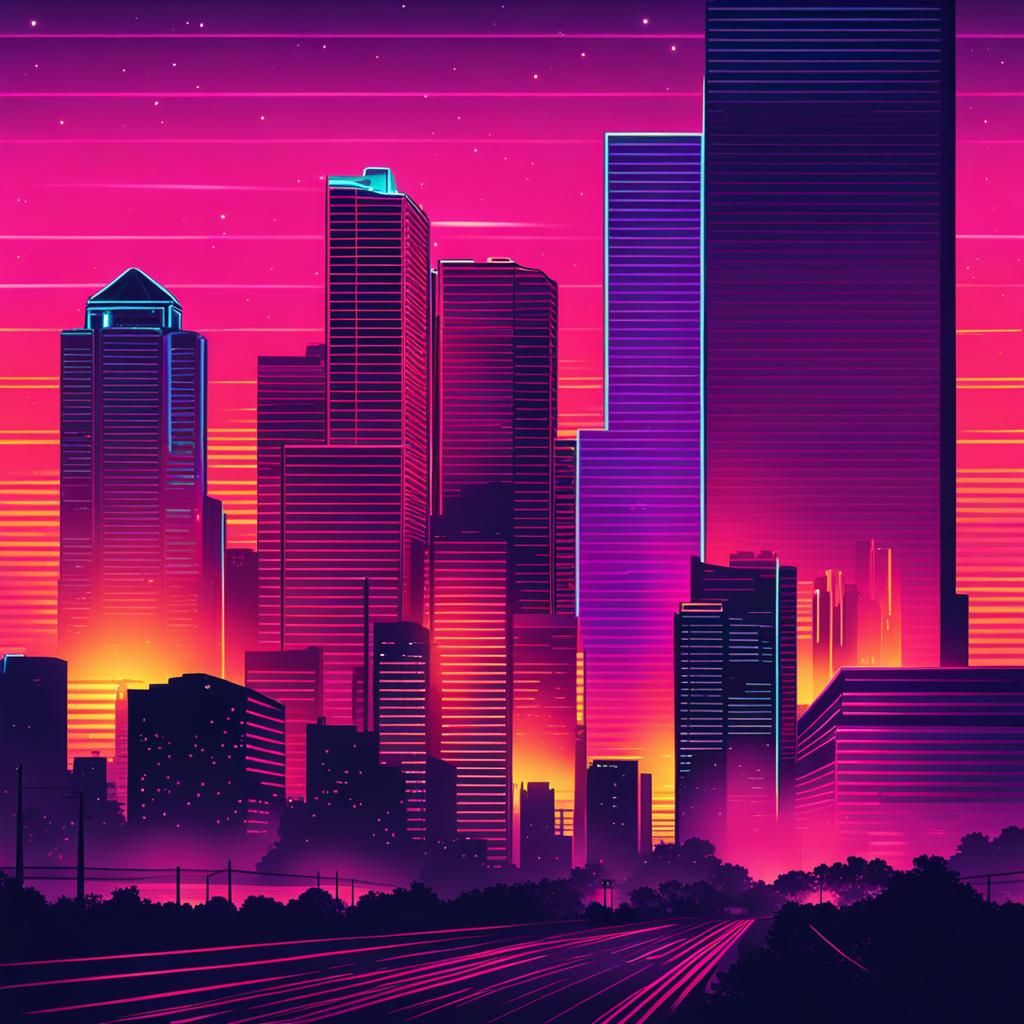 Houston Skyline at Sunset in Synthwave Neon Style