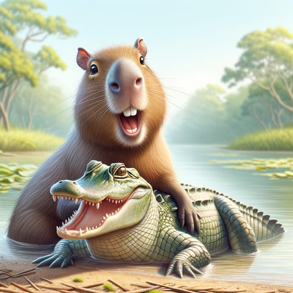 Unlikely Friendship Blooms in Serene Riverbank Scene