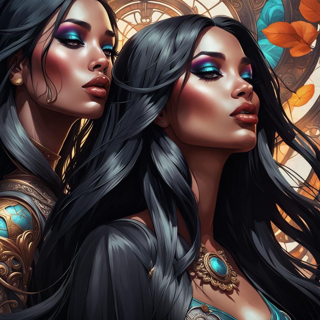 Black Haired Girls Kissing: Hyperdetailed Digital Portrait