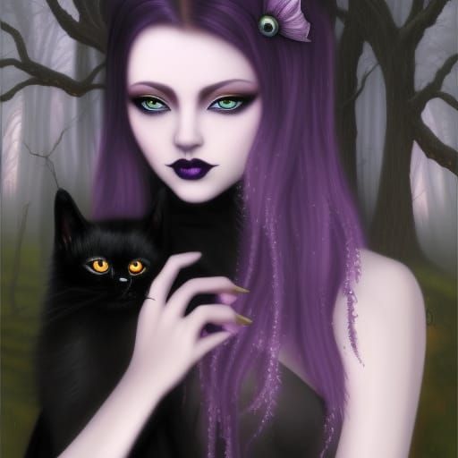 Ethereal Gothic witch with her black cat familiar& The Gothic witch she has Black hair with purple highlights& purple ey...