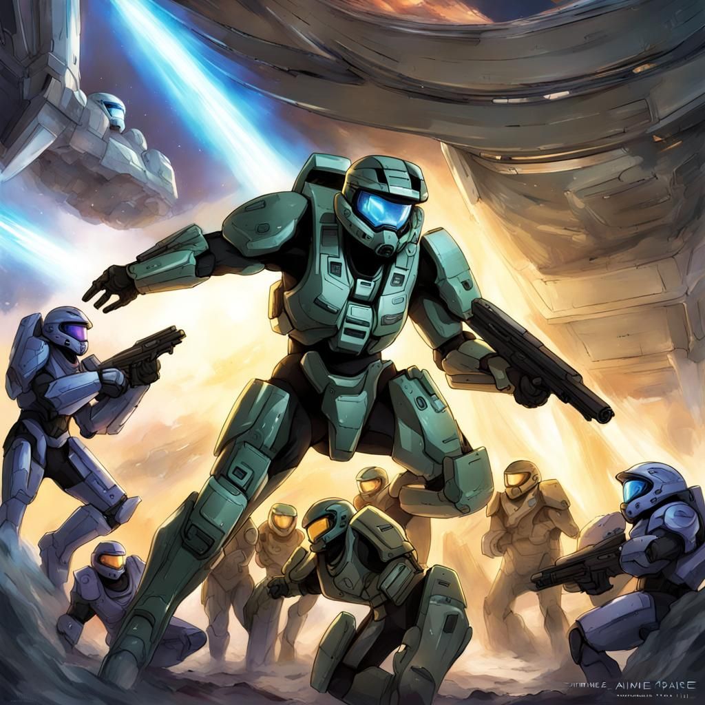 Halo Spartans vs Covenant in Anime Style