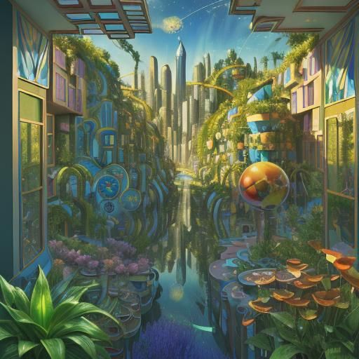 Utopian Cityscape in Surrealist Oil Painting Style