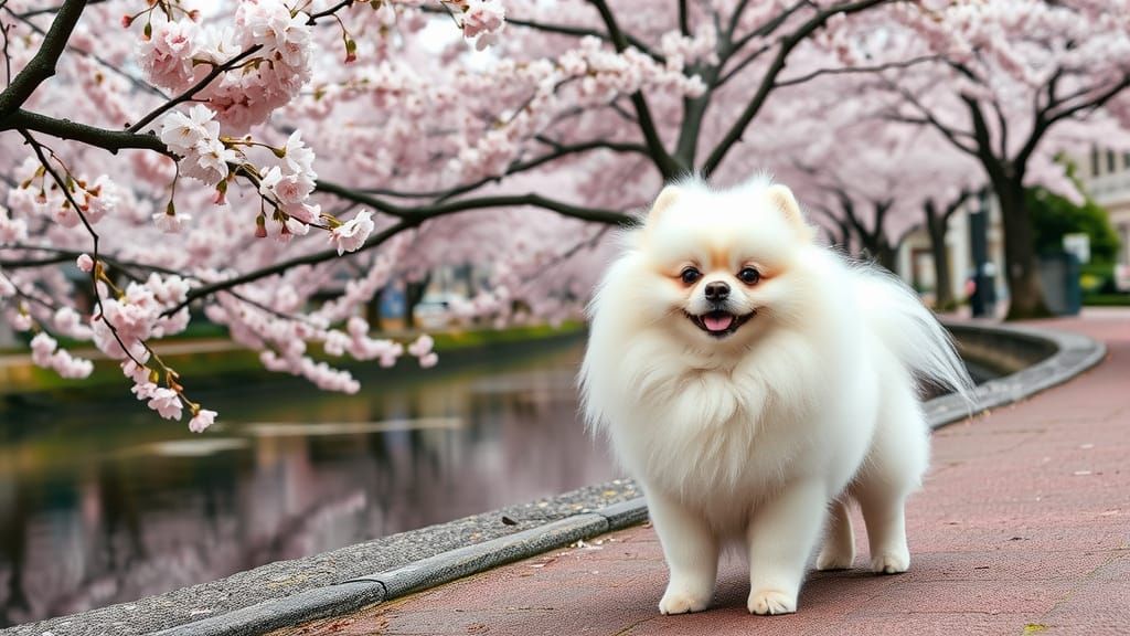 Fluffy White Pomeranian Strolls Under Cherry Blossoms