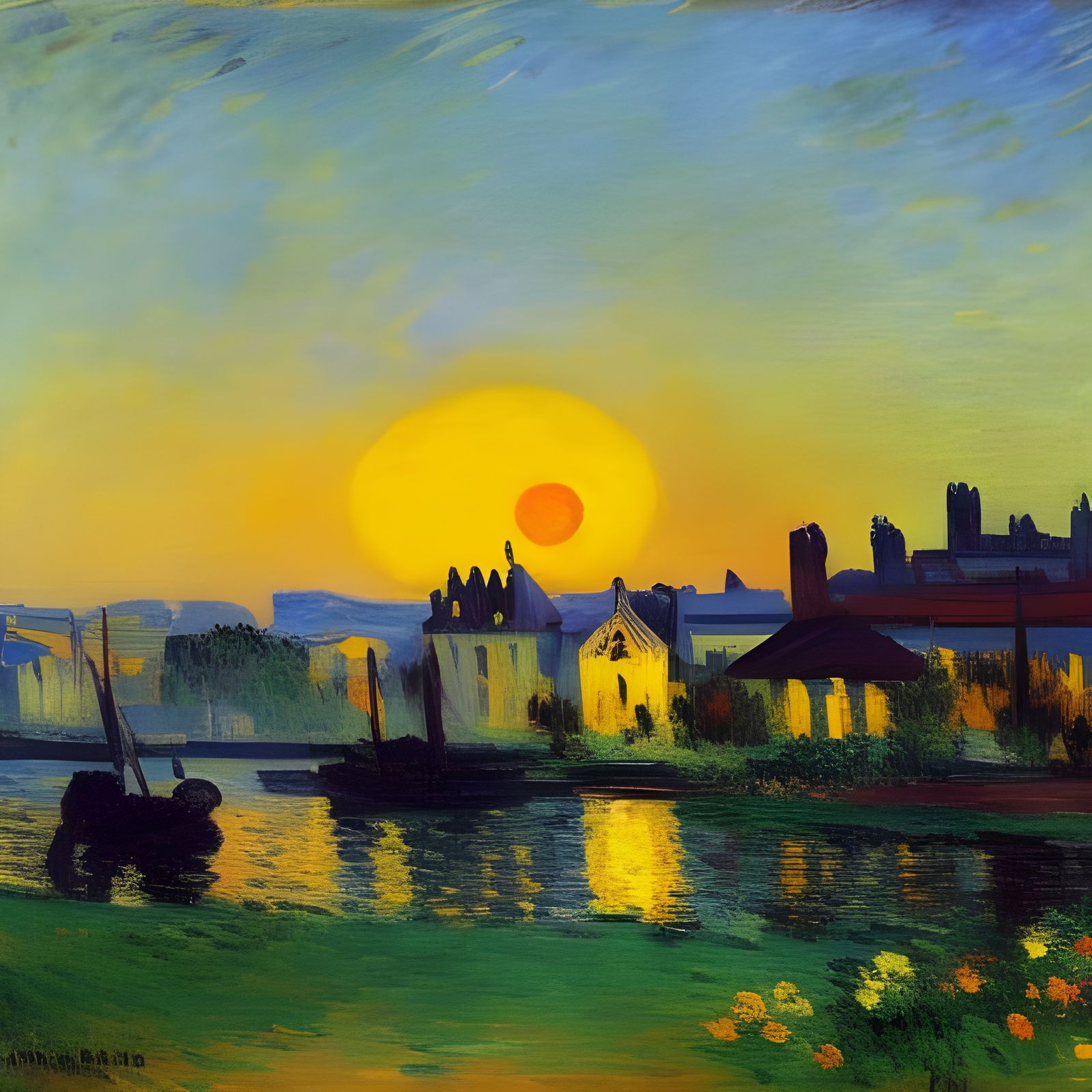 Impressionistic Sunset Over Small Town