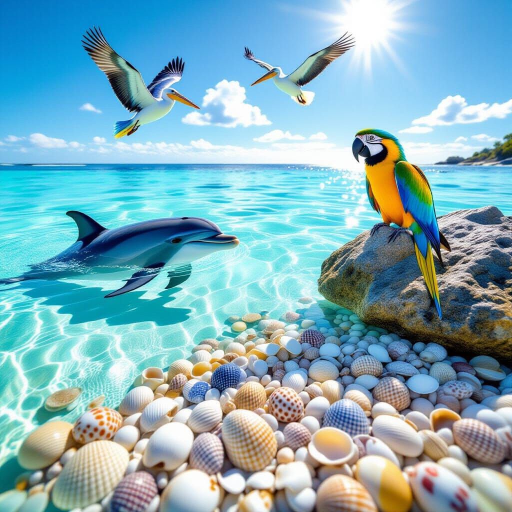 Joyful Seascape with Dolphin and Macaw in Disney Style