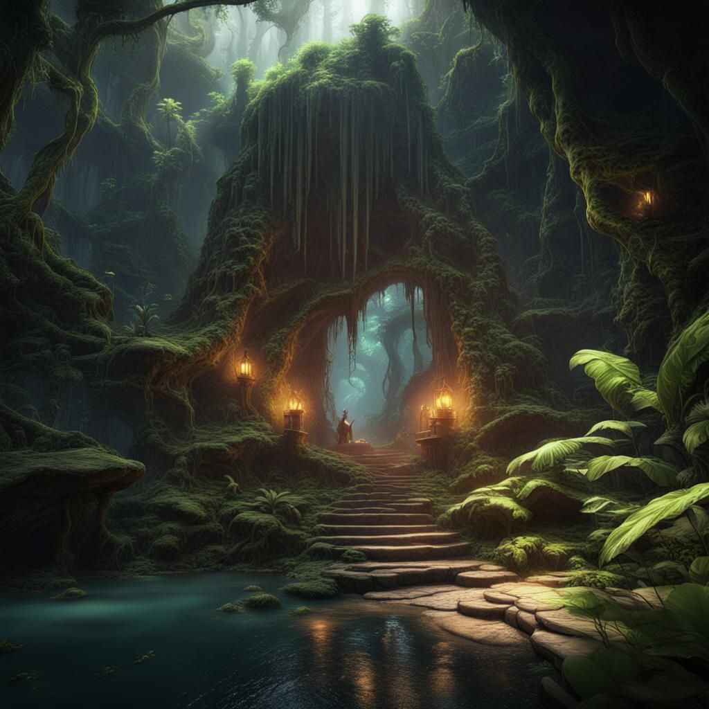 Magic Cave Entrance in Rainforest: Fantasy Concept Art