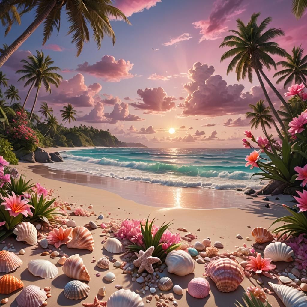 Tropical Beach Scene with Pink Sky, Digital Art