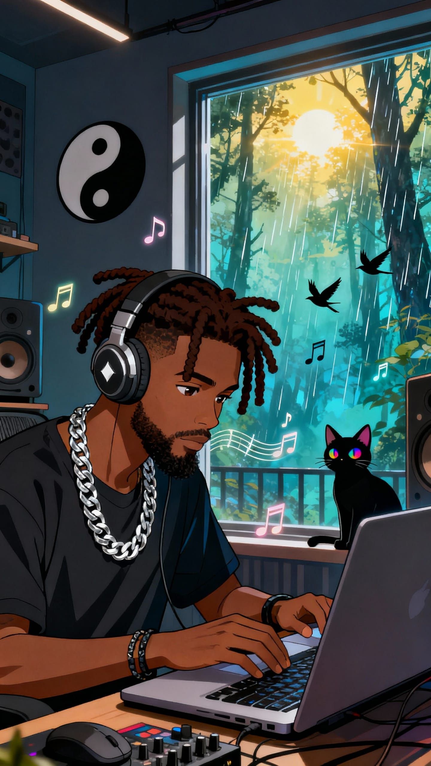 Brown Skinned Musician Producing Music in Studio, Anime Styl...